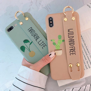 Cute Letters Cactus Bracket Wrist Strap Soft Phone Case Back Cover for iPhone 12 Pro Max/12 Pro/12/12 Mini/SE/11 Pro Max/11 Pro/11/XS Max/XR/XS/X/8 Plus/8 - halloladies