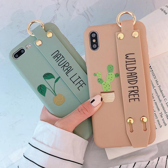 Cute Letters Cactus Bracket Wrist Strap Soft Phone Case Back Cover for iPhone 12 Pro Max/12 Pro/12/12 Mini/SE/11 Pro Max/11 Pro/11/XS Max/XR/XS/X/8 Plus/8 - halloladies