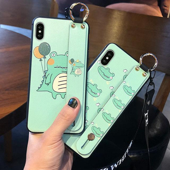 Cutre Cartoon Crocodile with Wrist Strap Lanyard Phone Case Back Cover - iPhone 11/11 Pro/11 Pro Max/XS Max/XR/XS/X/8 Plus/8/7 Plus/7 - halloladies