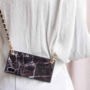 Square Granite Marble with Long Crossbody Strap Chain Phone Case Back Cover - iPhone 11 Pro Max/11 Pro/11/XS Max/XR/XS/X/8 Plus/8/7 Plus/7 - halloladies