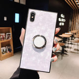 Fashion Square Shell Tempered Glass with Ring Holder iPhone Case Back Cover for iPhone 11 Pro Max/11 Pro/11/XS Max/XR/XS/X/8 Plus/8/7 Plus/7/6s Plus/6s/6 Plus/6 - halloladies