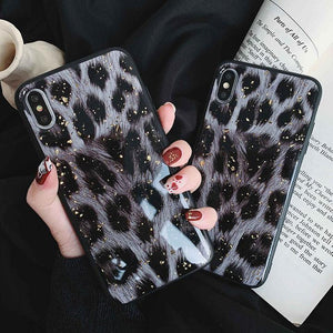Vintage Leopard Pattern Gold Foil Powder Silicone Phone Case Back Cover for iPhone XS Max/XR/XS/X/8 Plus/8/7 Plus/7/6s Plus/6s/6 Plus/6 - halloladies