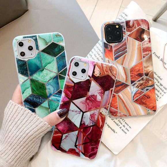 Geometry Splice Marble Electroplated Shiny Soft Phone Case Back Cover - iPhone 11 Pro Max/11 Pro/11/XS Max/XR/XS/X/8 Plus/8/7 Plus/7 - halloladies