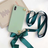 Fashion Candy Color Bowknot Crossbody Lanyard Strap Soft TPU Phone Case Back Cover for iPhone 11/11 Pro/11 Pro Max/XS Max/XR/XS/X/8 Plus/8/7 Plus/7 - halloladies