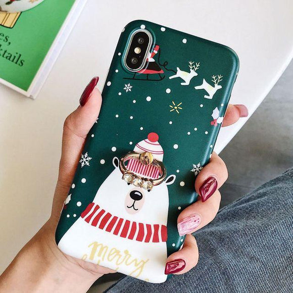 Cartoon Bear Christmas Elk with Ring Holder Phone Case Back Cover for iPhone 11/11 Pro/11 Pro Max/XS Max/XR/XS/X/8 Plus/8/7 Plus/7 - halloladies