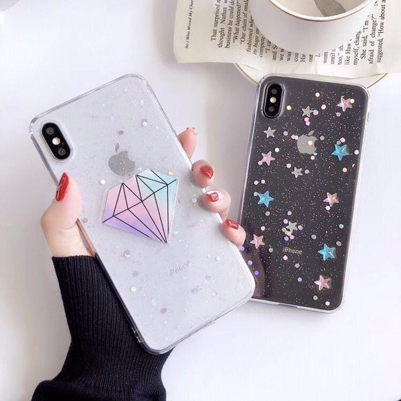 Bling Star Diamond Clear Soft Phone Case Back Cover - iPhone 11/11 Pro/11 Pro Max/XS Max/XR/XS/X/8 Plus/8/7 Plus/7 - halloladies