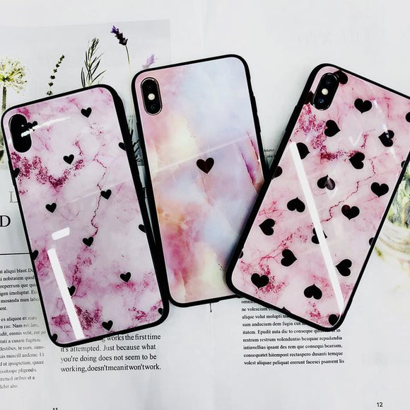 Pink Love Heart Marble Tempered Glass iPhone Case Back Cover for iPhone XS Max/XR/XS/X/8 Plus/8/7 Plus/7/6s Plus/6s/6 Plus/6 - halloladies