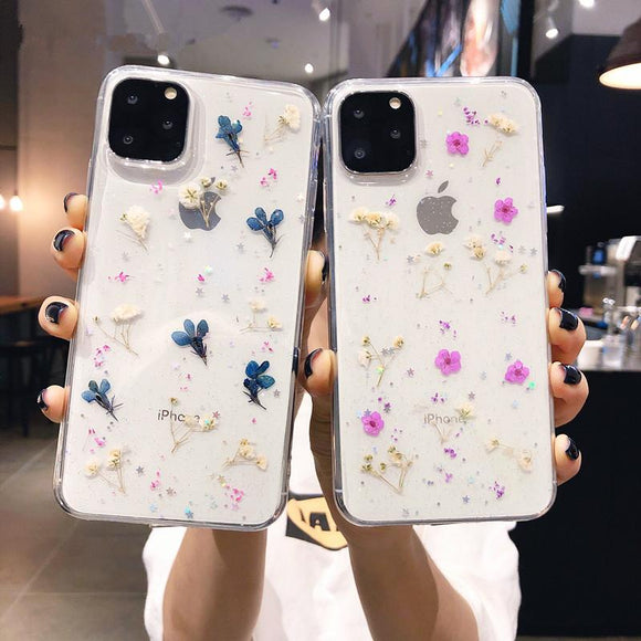 Real Dried Flower Transparent Phone Case Back Cover for iPhone 11/11 Pro/11 Pro Max/XS Max/XR/XS/X/8 Plus/8/7 Plus/7 - halloladies