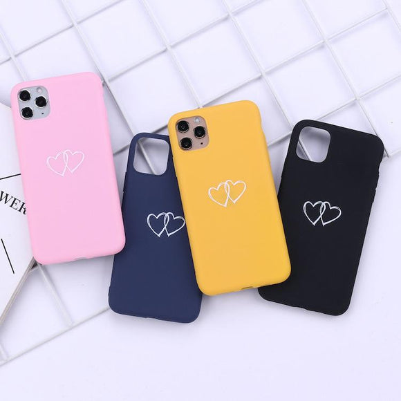 Simple Candy Color Double Hollow Love Heart Soft Phone Case Back Cover - iPhone 11/11 Pro/11 Pro Max/XS Max/XR/XS/X/8 Plus/8/7 Plus/7 - halloladies