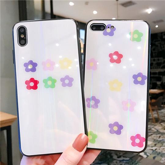 Simple Flower Laser Tempered Glass Phone Case Back Cover for iPhone XS Max/XR/XS/X/8 Plus/8/7 Plus/7/6s Plus/6s/6 Plus/6 - halloladies