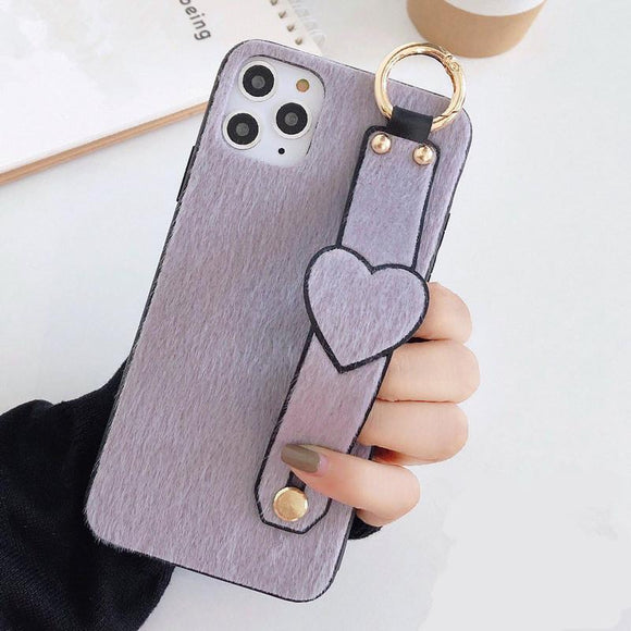 Solid Color Wrist Strap Plush Love Heart Soft Phone Case Back Cover - iPhone 12 Pro Max/12 Pro/12/12 Mini/SE/11 Pro Max/11 Pro/11/XS Max/XR/XS/X/8 Plus/8 - halloladies