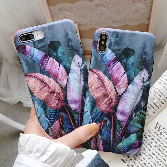 Retro Colorful Plant Banana Leaf iPhone Case Back Cover for iPhone 11 Pro Max/11 Pro/11/XS Max/XR/XS/X/8 Plus/8/7 Plus/7/6s Plus/6s/6 Plus/6 - halloladies