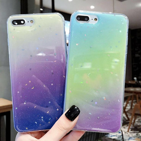 Glitter Powder Gradient Color Star Moon Soft Phone Case Back Cover - iPhone 11 Pro Max/11 Pro/11/XS Max/XR/XS/X/8 Plus/8/7 Plus/7 - halloladies