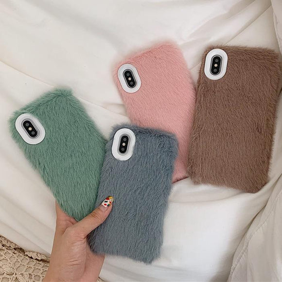 Solid Color Warm Rabbit Furry Plush Phone Case Back Cover - iPhone 11 Pro Max/11 Pro/11/XS Max/XR/XS/X/8 Plus/8/7 Plus/7 - halloladies
