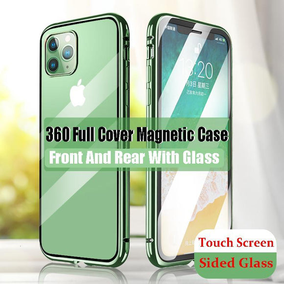 Luxury 360 Magnetic Metal Two Side Tempered Glass Phone Case Back Cover for iPhone 11 Pro Max/11 Pro/11/XS Max/XR/XS/X/8 Plus/8/7 Plus/7/6s Plus/6s/6 Plus/6 - halloladies