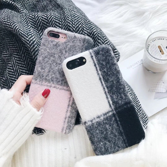 Plush Fluffy Furry Plaid Grid Wool Soft Phone Case Back Cover - iPhone XS Max/XR/XS/X/8 Plus/8/7 Plus/7/6s Plus/6s/6 Plus/6 - halloladies