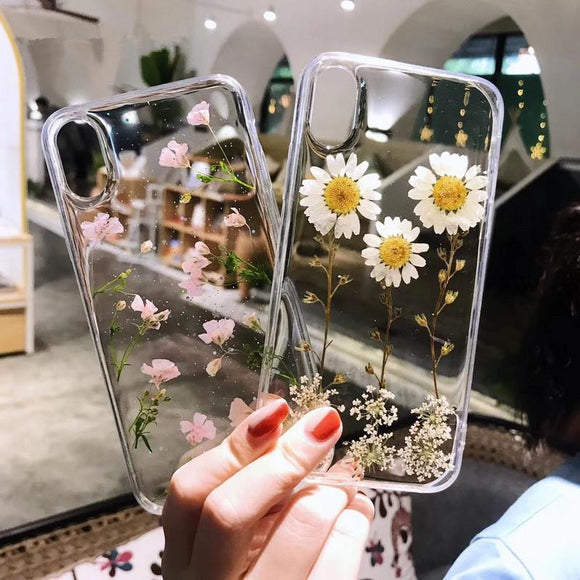 Glitter Real Dried Flowers Transparent Soft TPU Phone Case Back Cover - iPhone 12 Pro Max/12 Pro/12/12 Mini/SE/11 Pro Max/11 Pro/11/XS Max/XR/XS/X/8 Plus/8 - halloladies