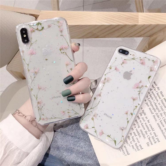 3D Real Dried Flower Glitter Stars Transparent Soft Phone Case Back Cover for iPhone 12 Pro Max/12 Pro/12/12 Mini/SE/11 Pro Max/11 Pro/11/XS Max/XR/XS/X/8 Plus/8 - halloladies