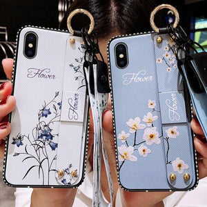 Vintage Flower Pattern Holder Silicone Wrist Strap Lanyard Soft TPU Phone Case Back Cover for iPhone XS Max/XR/XS/X/8 Plus/8/7 Plus/7/6s Plus/6s/6 Plus/6 - halloladies