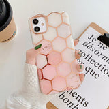 Plated Geometric Marble Honeycomb Soft Phone Case Back Cover for iPhone 12 Pro Max/12 Pro/12/12 Mini/SE/11 Pro Max/11 Pro/11/XS Max/XR/XS/X/8 Plus/8 - halloladies