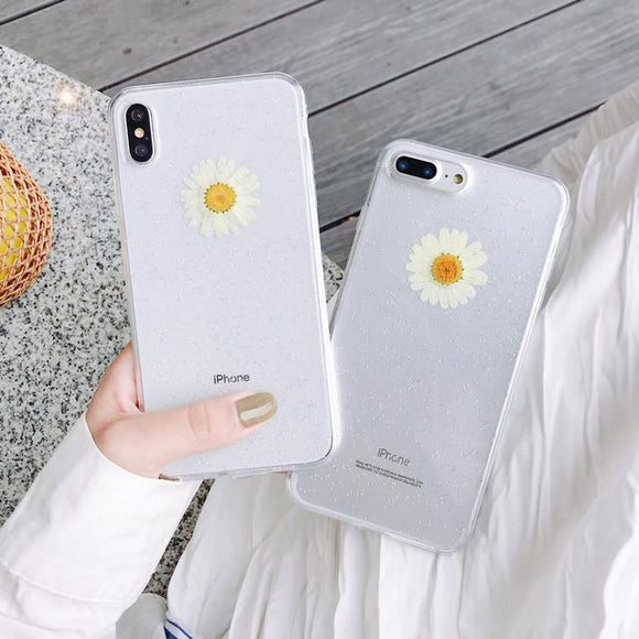 Real Daisy Dried Flowers Glitter Soft TPU Phone Case Back Cover for iPhone XS Max/XR/XS/X/8 Plus/8/7 Plus/7/6s Plus/6s/6 Plus/6 - halloladies