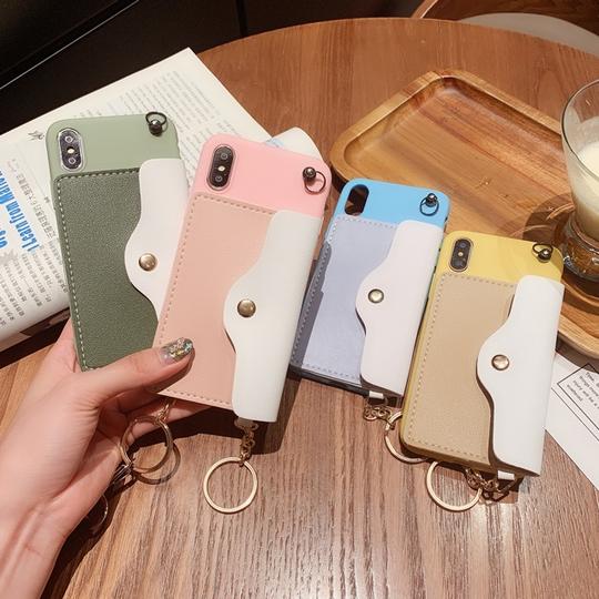 Solid Color Card Slot Handbag with Long Lanyard Phone Case Back Cover for iPhone 11/11 Pro/11 Pro Max/XS Max/XR/XS/X/8 Plus/8/7 Plus/7 - halloladies