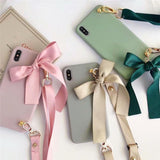 Fashion Candy Color Bowknot Crossbody Lanyard Strap Soft TPU Phone Case Back Cover for iPhone 11/11 Pro/11 Pro Max/XS Max/XR/XS/X/8 Plus/8/7 Plus/7 - halloladies