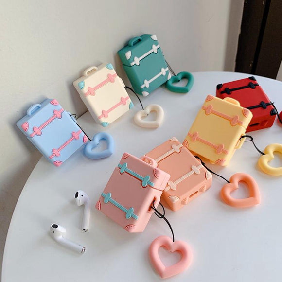 Cute Suitcase with Love Heart Finger Ring Strap Airpods Case Wireless Bluetooth Earphone Cases for Airpods - halloladies