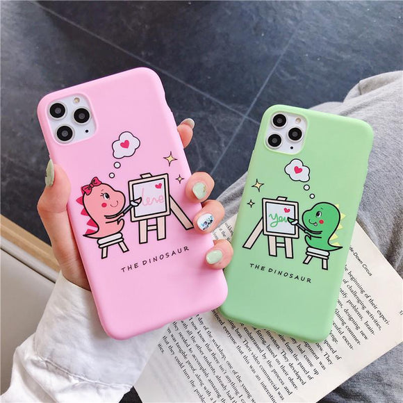 Cute Couple Pink Green Dinosaur Phone Case Back Cover for iPhone 11 Pro Max/11 Pro/11/XS Max/XR/XS/X/8 Plus/8/7 Plus/7 - halloladies