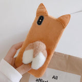 Cute Cartoon 3D Plush Corgi Cat Ear Phone Case Back Cover for iPhone 11 Pro Max/11 Pro/11/XS Max/XR/XS/X/8 Plus/8/7 Plus/7 - halloladies