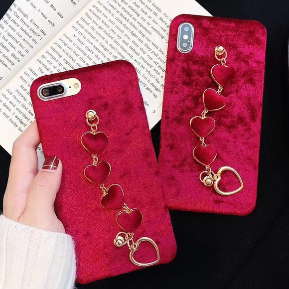 Red Plush Love Heart Wrist Strap Phone Case Back Cover - iPhone 11/11 Pro/11 Pro Max/XS Max/XR/XS/X/8 Plus/8/7 Plus/7 - halloladies