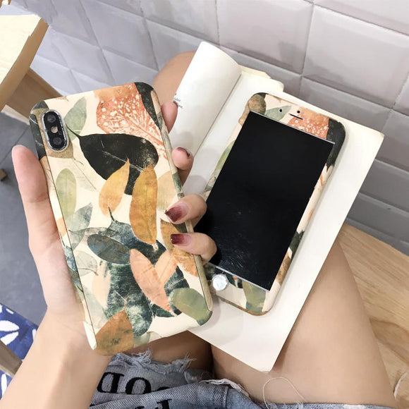 Retro Leaves 360 Full Body Phone Case Back Cover for iPhone 11 Pro Max/11 Pro/11/XS Max/XR/XS/X/8 Plus/8/7 Plus/7 - halloladies