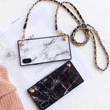 Square Granite Marble with Long Crossbody Strap Chain Phone Case Back Cover - iPhone 11 Pro Max/11 Pro/11/XS Max/XR/XS/X/8 Plus/8/7 Plus/7 - halloladies