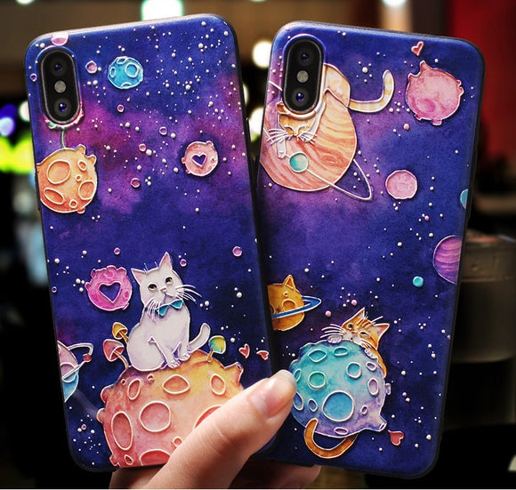 Cat Space Cartoon Paint Phone Case Soft Back Cover for iPhone 12 Pro Max/12 Pro/12/12 Mini/SE/11 Pro Max/11 Pro/11/XS Max/XR/XS/X/8 Plus/8 - halloladies