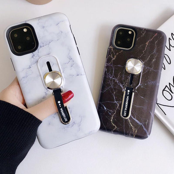 Simple Marble Hide Loop Stand Phone Case Back Cover - iPhone 11 Pro Max/11 Pro/11/XS Max/XR/XS/X/8 Plus/8/7 Plus/7 - halloladies