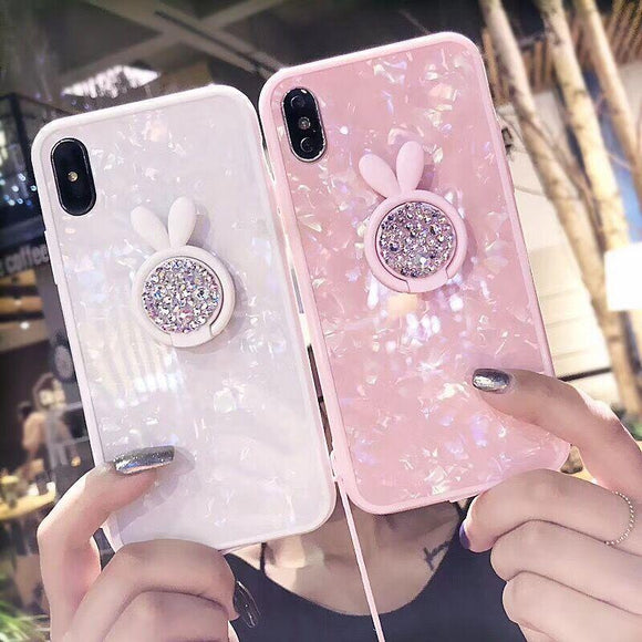 Shell with Rabbit Ring Holder Strap Phone Case Back Cover - iPhone XS Max/XR/XS/X/8 Plus/8/7 Plus/7/6s Plus/6s/6 Plus/6 - halloladies