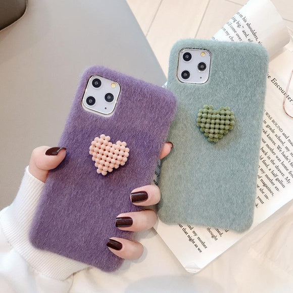 Warm Velvet Cloth Solid Color Love Heart Phone Case Back Cover - iPhone 11 Pro Max/11 Pro/11/XS Max/XR/XS/X/8 Plus/8/7 Plus/7 - halloladies