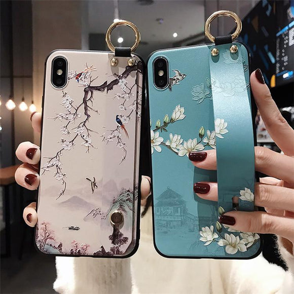 Retro Relief Flower with Wristband Holder Soft Phone Case Back Cover - iPhone 11/11 Pro/11 Pro Max/XS Max/XR/XS/X/8 Plus/8/7 Plus/7 - halloladies