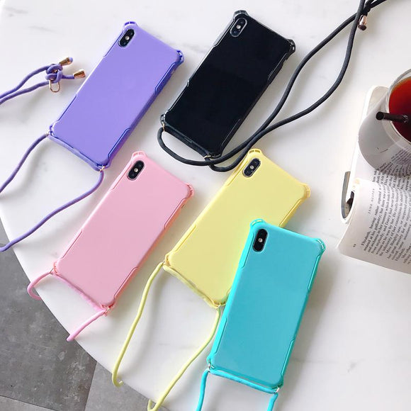 Simple Candy Color with Shoulder Strap Phone Case Back Cover for iPhone 11/11 Pro/11 Pro Max/XS Max/XR/XS/X/8 Plus/8/7 Plus/7 - halloladies
