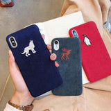 Embroidery Fabric Animal Wolf Deer Penguin Phone Case Back Cover for iPhone XS Max/XR/XS/X/8 Plus/8/7 Plus/7/6s Plus/6s/6 Plus/6 - halloladies