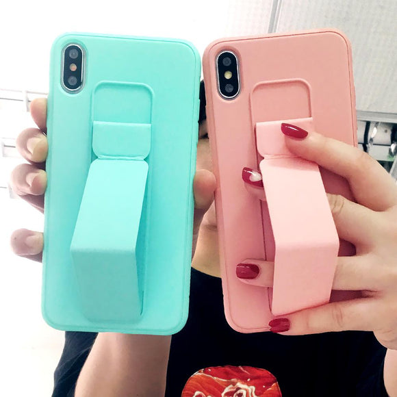 Magnetic bracket Wrist Strap Soft Silicone Candy Color Phone Case Back Cover - iPhone 11 Pro Max/11 Pro/11/XS Max/XR/XS/X/8 Plus/8 - halloladies