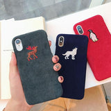Embroidery Fabric Animal Wolf Deer Penguin Phone Case Back Cover for iPhone XS Max/XR/XS/X/8 Plus/8/7 Plus/7/6s Plus/6s/6 Plus/6 - halloladies