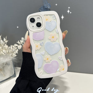 Solid White Color Curly Wavy Frame with Colorful Hearts Flowers Clear Case for iPhone