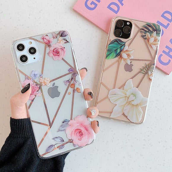 Electroplate Flower Leaf Geometric Clear Phone Case Back Cover - iPhone 12 Pro Max/12 Pro/12/12 Mini/SE/11 Pro Max/11 Pro/11/XS Max/XR/XS/X/8 Plus/8 - halloladies