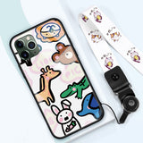 Cute Cartoon Zoo Print Tempered Glass With Lanyard Phone Case Back Cover - iPhone 11 Pro Max/11 Pro/11/XS Max/XR/XS/X/8 Plus/8 - halloladies