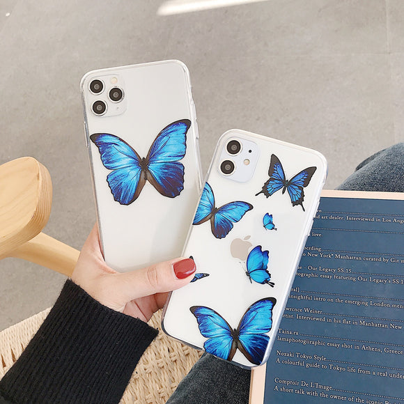 Cute Butterfly Blue Phone Case Back Cover - iPhone 12 Pro Max/12 Pro/12/12 Mini/SE/11 Pro Max/11 Pro/11/XS Max/XR/XS/X/8 Plus/8 - halloladies