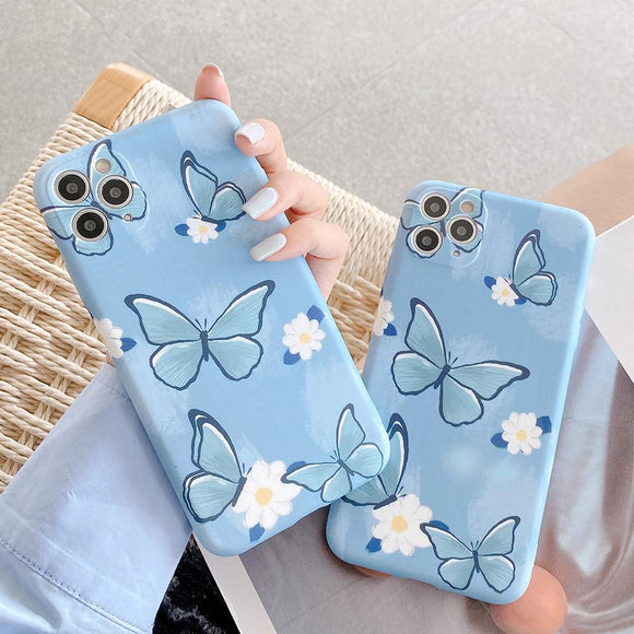 Blue Cute Butterfly Flower Soft Phone Case Back Cover for iPhone 12 Pro Max/12 Pro/12/12 Mini/SE/11 Pro Max/11 Pro/11/XS Max/XR/XS/X/8 Plus/8 - halloladies