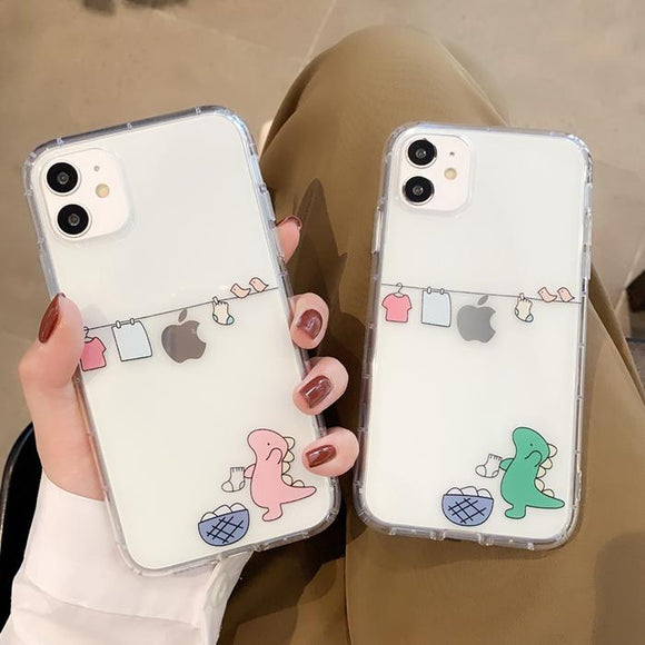 Cartoon Dinosaur Couples Transparent Soft Silicone Phone Case for iPhone 12 Pro Max/12 Pro/12/12 Mini/SE/11 Pro Max/11 Pro/11/XS Max/XR/XS/X/8 Plus/8 - halloladies