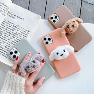 Cartoon Plush Teddy Dog Folding Stand Holder Soft Phone Case Back Cover for iPhone 12 Pro Max/12 Pro/12/12 Mini/SE/11 Pro Max/11 Pro/11/XS Max/XR/XS/X/8 Plus/8 - halloladies