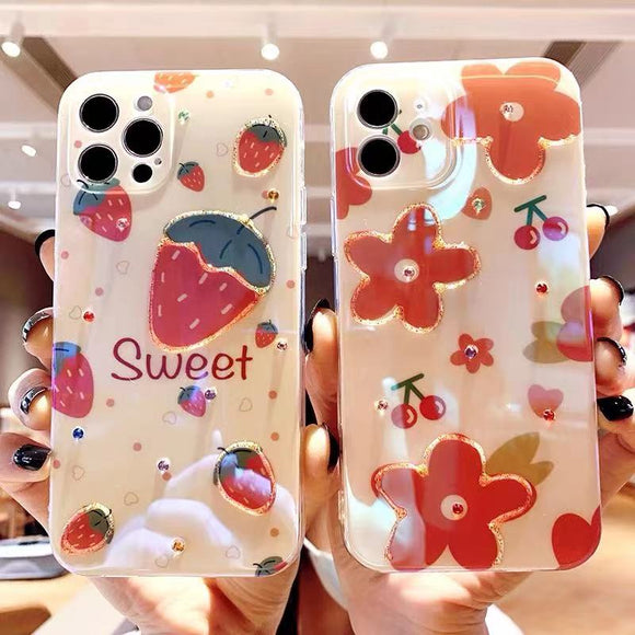 Cute Cartoons Stawberry Cherry Flower Soft Phone Case for iPhone 13 Pro Max/13 Pro/13/13 Mini and More iPhone Models